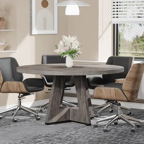 47-Inch Round Conference Table for 4-6 People, Wooden Meeting Room Table with Thicken Tabletop and Wood Base (Grey)