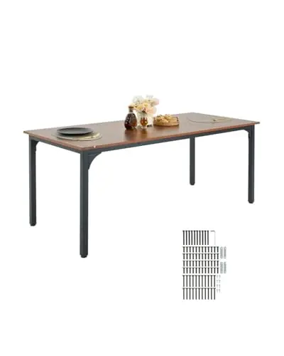 Rectangle Dining Table, 71 inch Length Large Wood Tables for 6-8 Person, Farmhouse Dinner Furniture, Rustic Conference Desk with Iron Legs