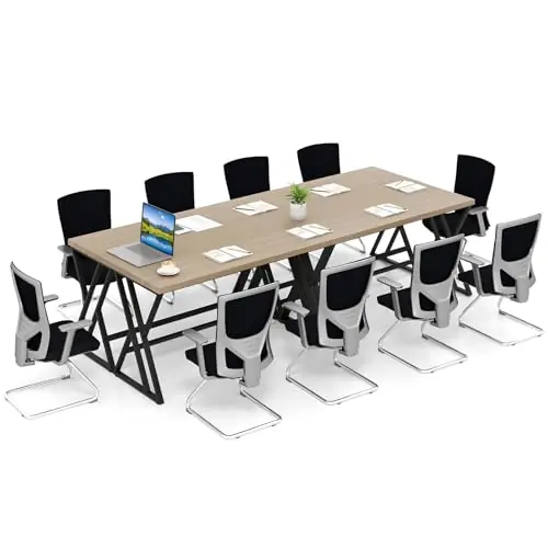 10 FT Conference Table for 8-10 People, Modern 48" D x 118" W Large Meeting Table with Z-Shaped Metal Leg, Grey Oak