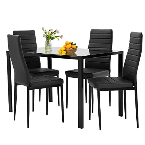 FDW 5-Piece Dining Table Set Black Glass Kitchen Table with 4 Upholstered Chairs and Faux Leather Cushions Space-Saving and Modern Design