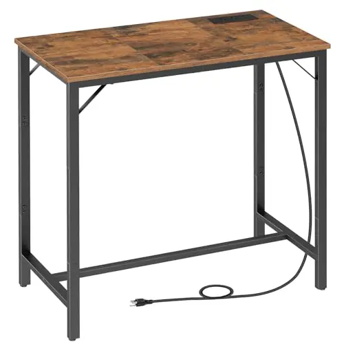 Bar Table with Charging Station, Rectangular Pub Table, High Top Coffee Table, 35.4" L x 15.7" W x 35.6" H, Rustic Brown and Black