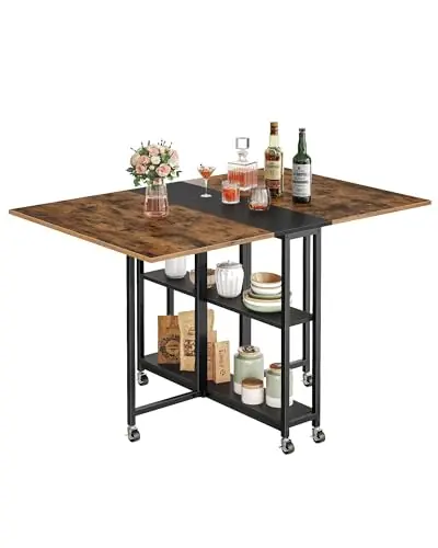 CHOEZON Folding Dining Table, Movable Dining Table, Expandable Kitchen Table, Versatile Table with 6 Wheels and 2-Tier Shelf