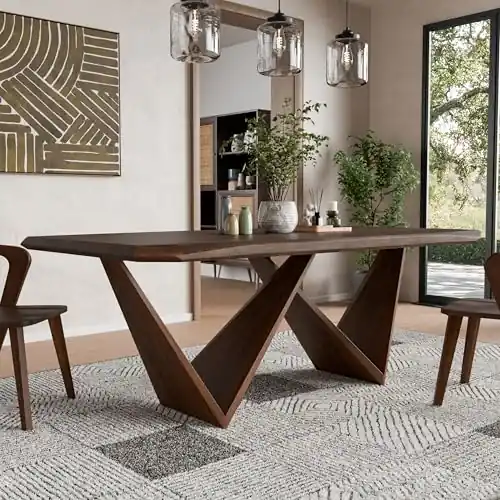 Final Title Furniture of America Nazaen III 82.5" Mid-Century Modern Solid Wood Live Edge Dining Table with Steel Support, Walnut Finish, Seats 6–8