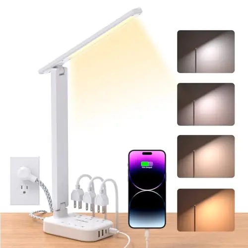 One Beat LED Small Desk Lamp Power Strip 5ft Extension Cord, 3 Outlets, 4 USB Ports(2 USB C), 4 Modes, 5 Level Touch- Home/Office, White