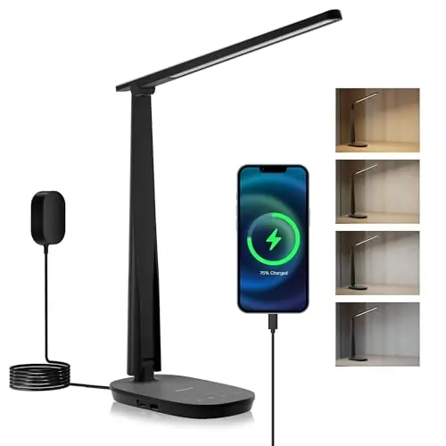 Honeywell LED Desk Lamp - HWT-H2 Sunturalux™ Eye-Caring Foldable Desk Light with USB A+C Dual Charging Port 4 Color Modes - Black
