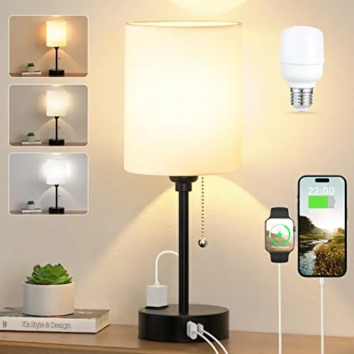 Small Bedside Table lamp for Bedroom - 3 Color Temperatures Bedside Lamps with USB C and A Ports, Pull Chain Table Lamps with AC Outlet