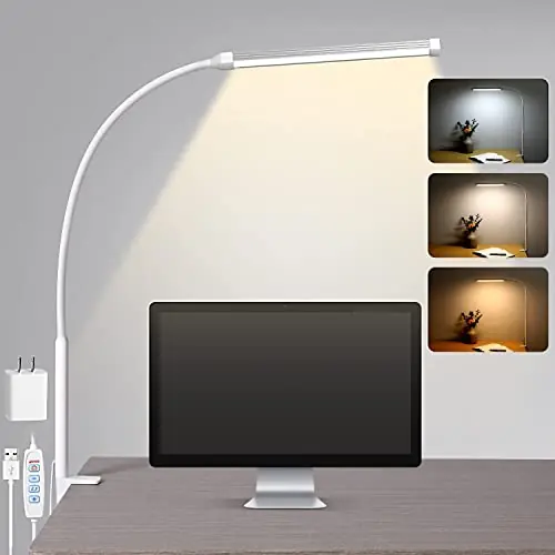 Voncerus LED Desk Lamp with Clamp, Eye-Caring Clip on Lights for Home Office, 3 Modes 10 Brightness, Long Flexible Goose-Neck, White