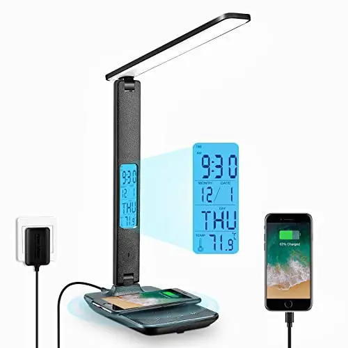 LAOPAO Desk Lamp with Wireless Charger USB Charging Port, Table Lamp with Clock, Desk Lamps for Home Office College Dorm Room Essentials