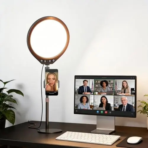 Noveralux 10W 12" Ring Light with Desk Stand & Phone Holder, Dimmable 360° Rotatable LED Full Screen Computer Lamp for Zoom Meetings