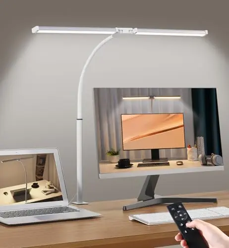Led Desk Lamp for Home Office, Eye-care Architect Light with Clamp, Smart Double Head Computer Monitor Table Clip Lamp, White and Sliver