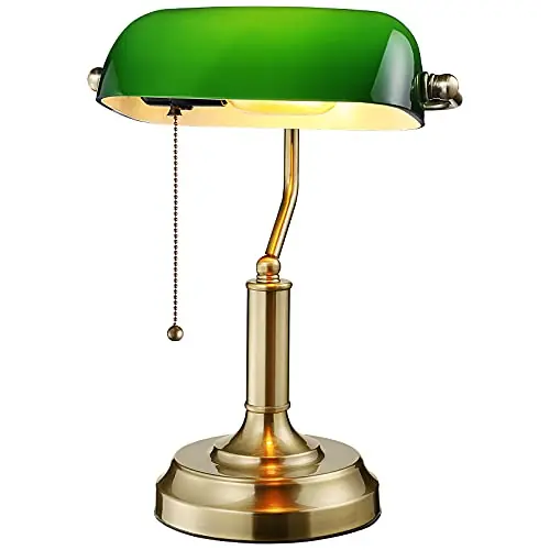 Green Glass Bankers Desk Lamp, Antique Desk Lamps with Brass Base, Traditional Library Lamp