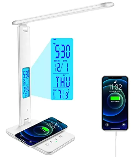 snsok Desk Lamp with Wireless Charger, USB Charging Port, Dimmable Office Desk Light with Clock, Alarm, Date, Temperature (White)