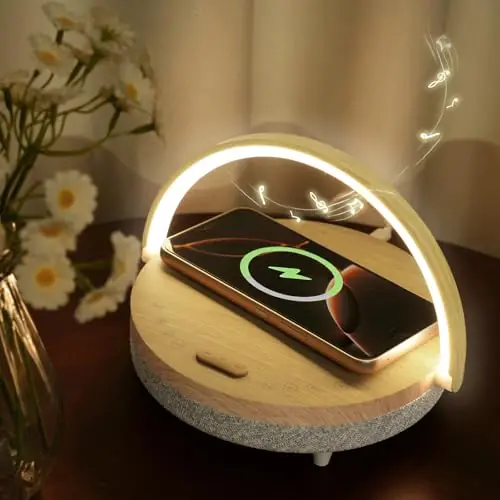 Bedside Table LED Night Light with Wireless Charger and Bluetooth Speaker, Desk Lamp As Sleep Aid White Noise Machine(Music Upgrade)