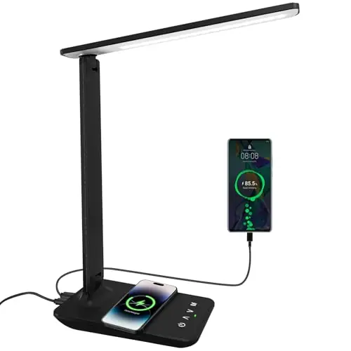 White crown LED Desk Lamp with 15W Wireless Charger & USB Port, Dimmable Table Lamp with 5 Lighting Modes, Sensitive Touch Control