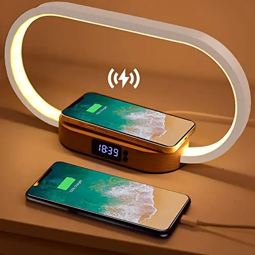 Donewin Wooden Bedside Lamp with 15W Fast Wireless Charger Touch Control, 3 Color Modes, Clock & Stepless Dimming for Nightstand