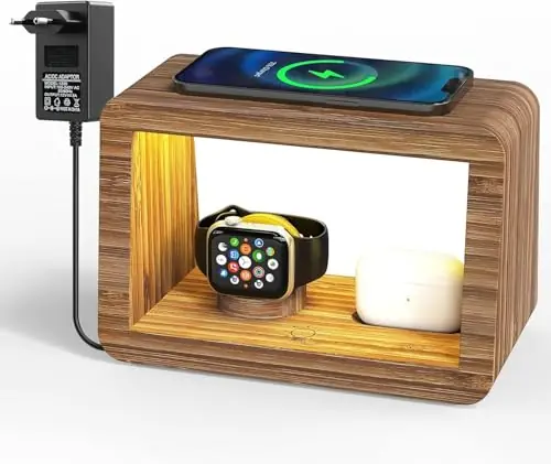 Bamboo Charging Station for Multiple Devices,15W Fast Wireless Charging Station with Nightlight, 3 Color & 4 Adjustable Brightness Compatible