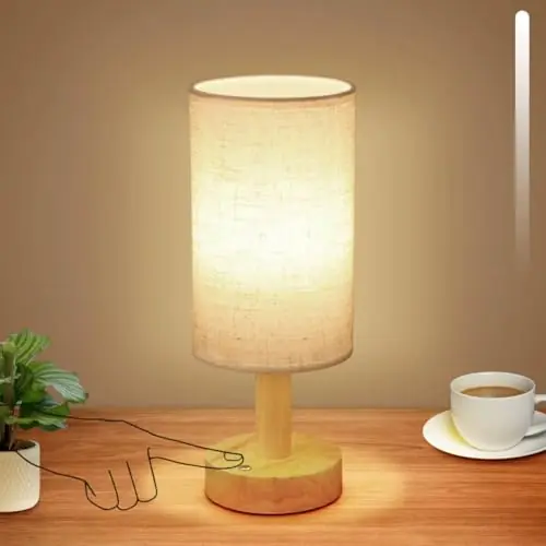 Rechargeable Cordless Touch Table Lamp with Stepless Dimming,Natural Wood Base&Linen Shade,Small Battery Wireless Ambient Night Light