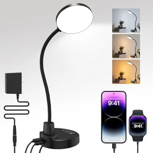 15W LED Desk Lamp with USB Charging Ports – Dimmable Table Lamp with 3 Color Temps, 5 Brightness, 4 Timers, Flexible Gooseneck Light