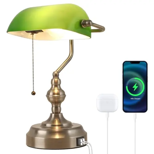 Liylan Green Glass Banker‘s Desk Lamp, Antique Banker Desk Lamps, Traditional Library Lamp with USB Charging Port, Vintage Desk Lamp