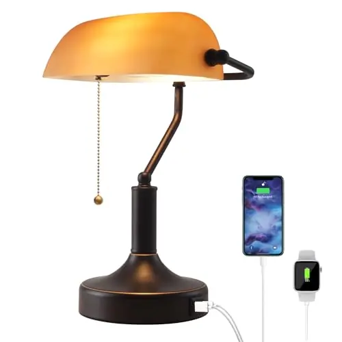 Liylan Vintage Bankers Desk Lamp with Pull Chain Switch, Traditional Desk Lamp with USB A and Type C Charging Port, Oil Rubbed Bronze