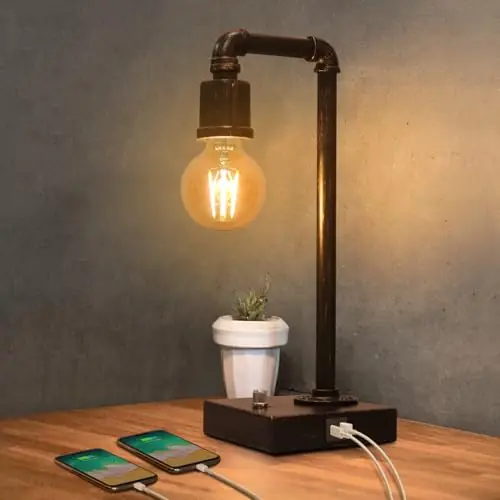 Industrial Table Lamp, Vintage Bedside Lamp with USB C and USB A Charging Ports, Dimmable Steampunk Office Lamp Metal Pipe Edison Reading Lamps