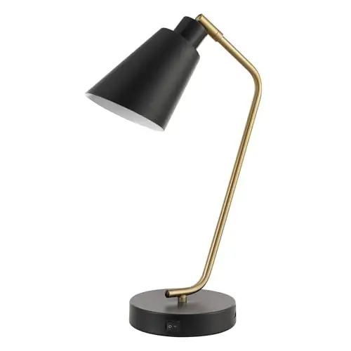 GLOBE Electric 52095 Belmont 17" Desk Lamp, Matte Black, Antique Brass Accents, Fast Charging USB Port, Rocker On/Off Switch