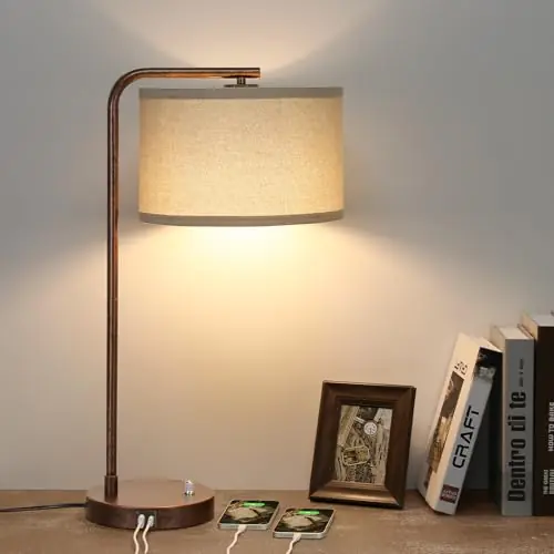 Vintage Table Lamp, Fully Dimmable Table Lamp with C+A USB Charging Ports, Farmhouse Bedside Lamp Nightstand Light