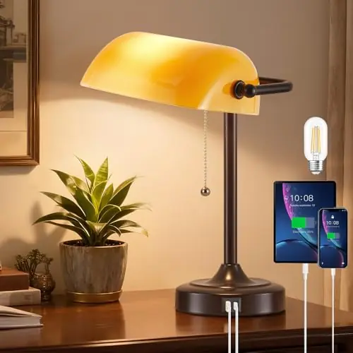 EJIAXIN Vintage Bankers Lamp - Retro Desk Lamp with USB & Type C Charging Ports Traditional Pull Chain Switch Library Table Lamp (Amber Glass Shade)