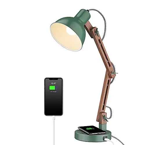 ELYONA LED Desk Lamp with Wireless Charger, Sapele Wood Reading Light with USB C Charging Port, Swing Arm Table Lamp, Vintage Green