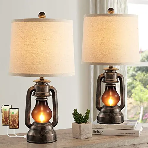 RORIANO Farmhouse Lantern Table Lamps for Living Room Set of 2, Vintage Bedroom Resin Lamp with Dual USB Charging Ports