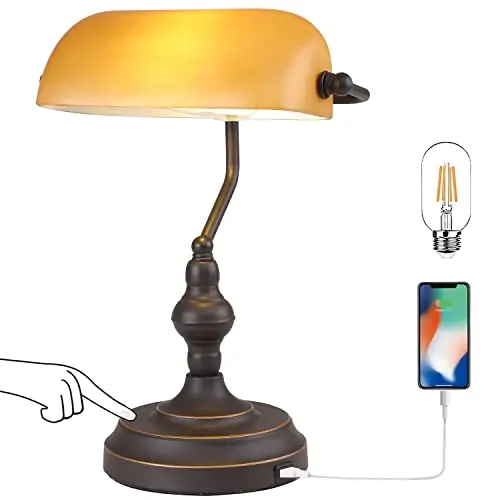 Liylan Banker Desk Lamp Touch Control, Vintage Banker‘s Desk Lamp with USB Port, 3 Way Dimmable Desk Lamps