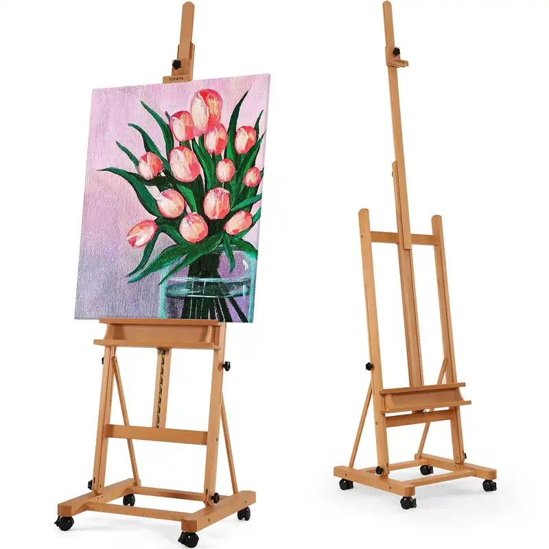 VISWIN Extended Large H-Frame Easel for Painting, Adjustable Beech Wood Artist Easel Stand with 4 Wheels & Storage Tray, Foldable Art Easel Floor for Adults, Hold Canvas up to 93" - N