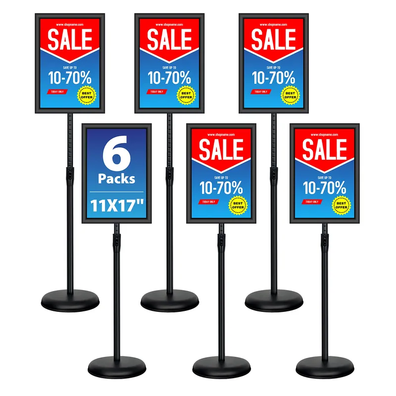 VAIIGO 6Packs 11x17 Inch Adjustable Pedestal Poster Sign Stand, Heavy Duty Floor Standing Sign Holder Stand Aluminum Snap Open Frame for Vertical and Horizontal View Sign Displayed(Black)