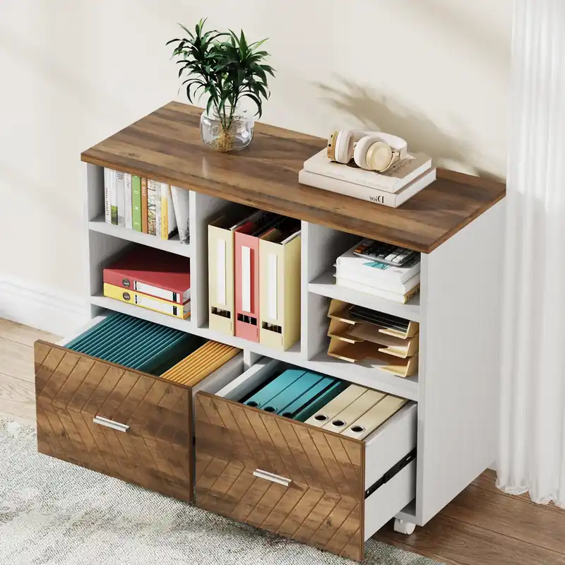 Tribesigns 2-Drawer Wood File Cabinet, Mobile Lateral Filing Cabinet for Hanging Letter Size Files (Oak Karo & White)