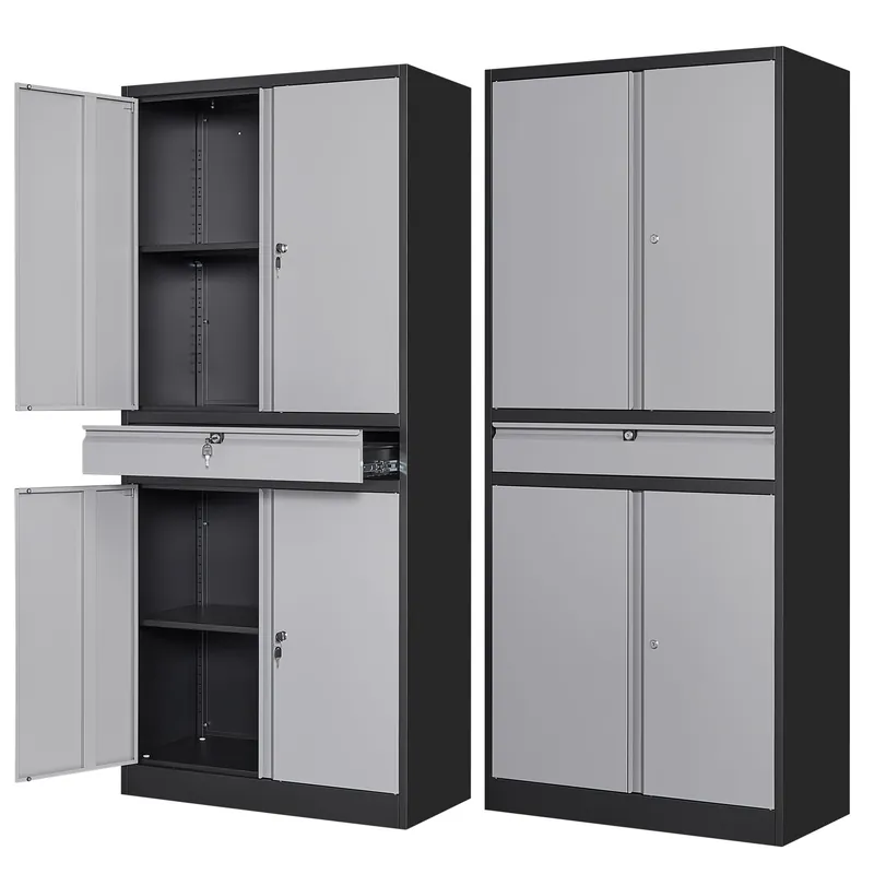 Metal Garage Storage Cabinet with Drawer,4 Door Tool Cabinet with Lock-2 Adjustable Shelves for Garage Home Office Utility Room (Black & Gray)