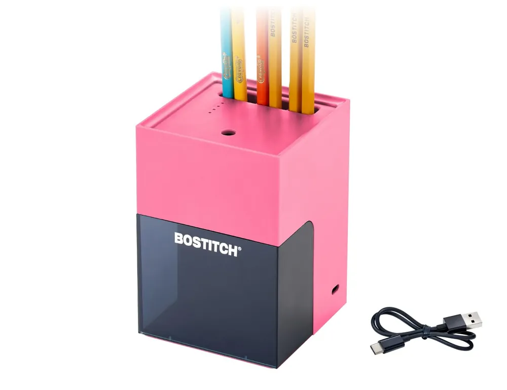 Bostitch Konnect Rechargeable Pencil Sharpener (USB-C), Auto-Stop Helical Cutter, Portable Electric Sharpener, Pink