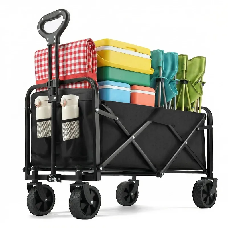 PASAMIC Collapsible Wagon 220 lbs, Heavy Duty Wagon Carts Foldable, Portable Wagons for Groceries, Beach Cart with All-Terrain Wheels, Black