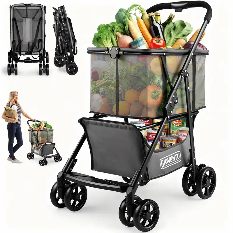 Folding Shopping Cart with Wheels, 80lbs Multi Use Grocery Carts with 360° Wheels & Removable Tote Bag for Groceries, Black