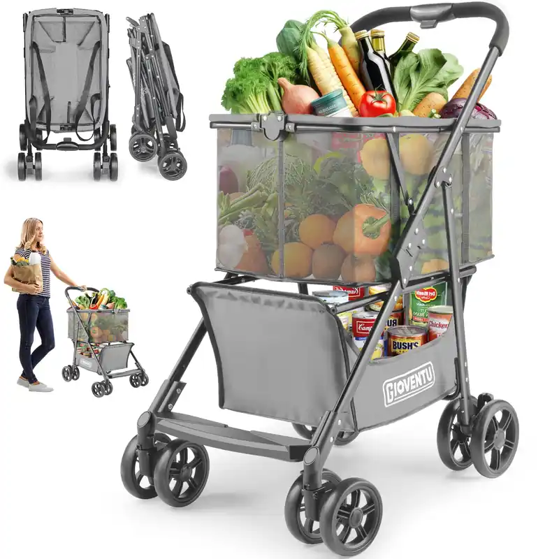 Folding Shopping Cart with Wheels, 80lbs Multi Use Grocery Carts with 360° Wheels & Removable Tote Bag (Gray)