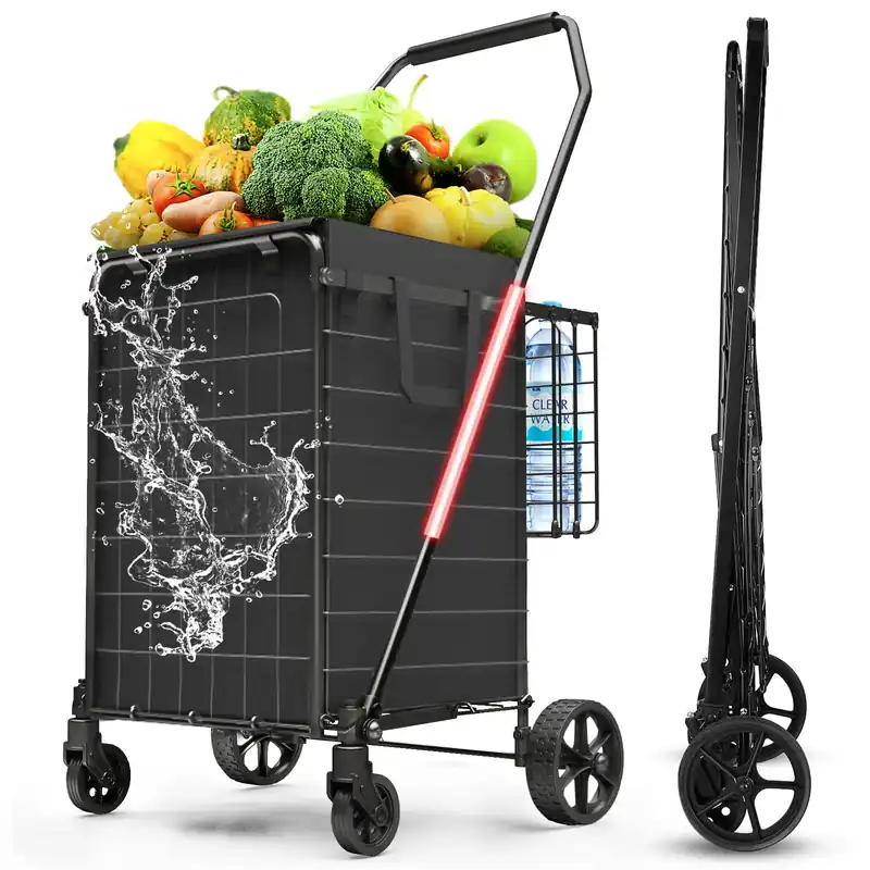XING LANG 3.7 Cu Ft Folding Shopping Cart - 380 LB Capacity Grocery Cart with 360° Braked Swivel Wheels - Heavy Duty Utility Cart