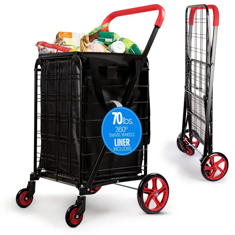 SereneLife Small Compact Folding Shopping Cart with Removable Waterproof Liner – 360° Swivel Wheels, Rust‑Proof Steel Frame (Red)