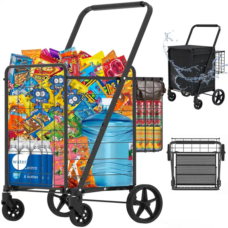 Heavy Duty Folding Shopping Cart for Groceries, Jumbo Grocery Carts with 360° Swivel Wheels, Waterproof Bag, Portable Utility Trolley