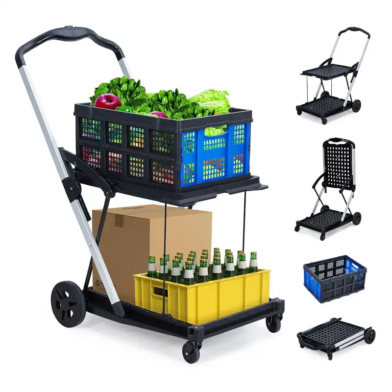 Foldable Shopping Cart with 1 Storage Crates – 2-Tier Collapsible Utility Cart, Aluminum Trolley with 360° Rolling Swivel Wheels