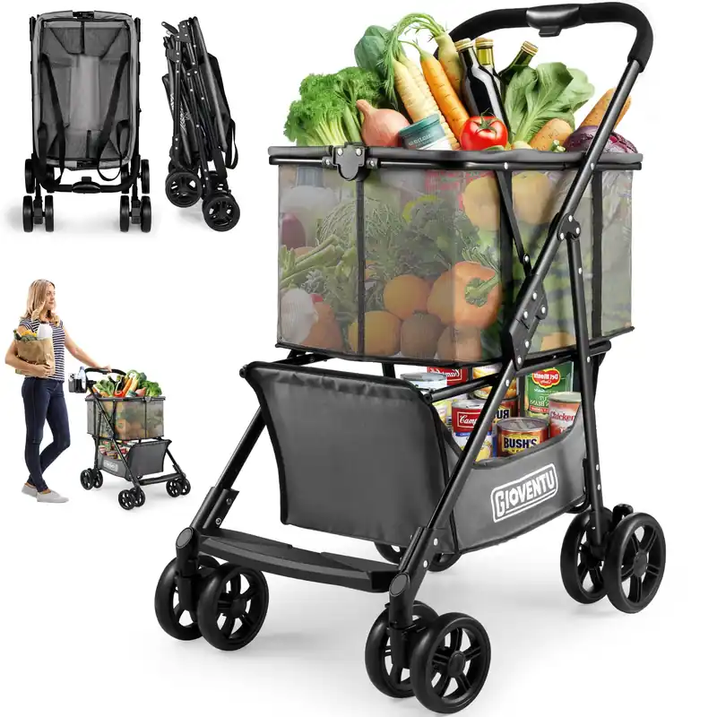 𝐍𝐞𝐰𝐥𝐲 𝐔𝐩𝐠𝐫𝐚𝐝𝐞𝐝 Folding Shopping Cart, 80lbs Collapsible Grocery cart with Removable Basket and 360° Swivel Wheels, Single-hand Fold