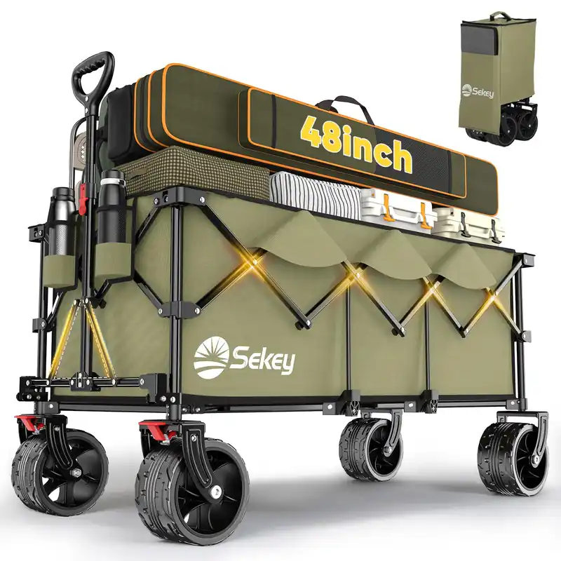 Sekey 48‘‘L Collapsible Foldable Extended Wagon with 440lbs Weight Capacity, Heavy Duty 300L Folding Utility Garden Carts. Khaki