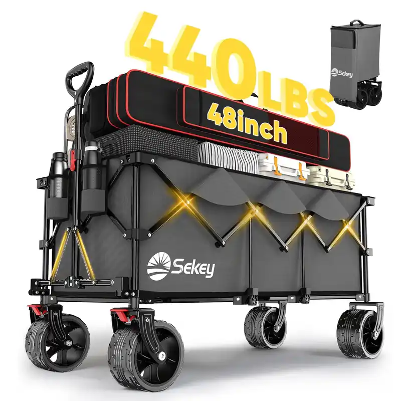 Sekey 48‘‘L Collapsible Foldable Extended Wagon with 440lbs Weight Capacity, Heavy Duty 300L Folding Utility Garden Cart. Grey