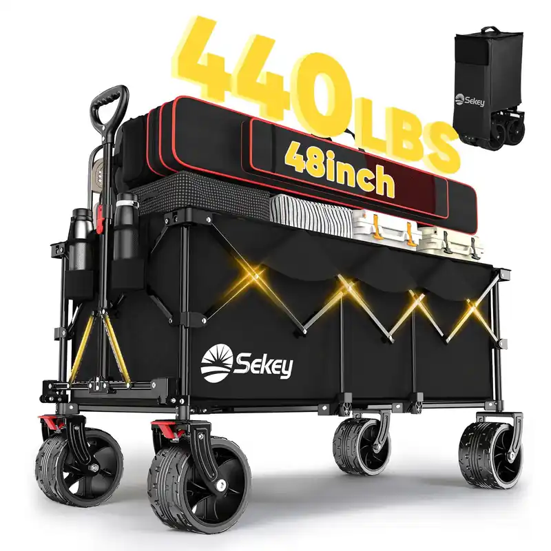 Sekey 48‘‘L Collapsible Foldable Extended Wagon with 440lbs Weight Capacity, Heavy Duty 300L Folding Utility Garden Cart. Black