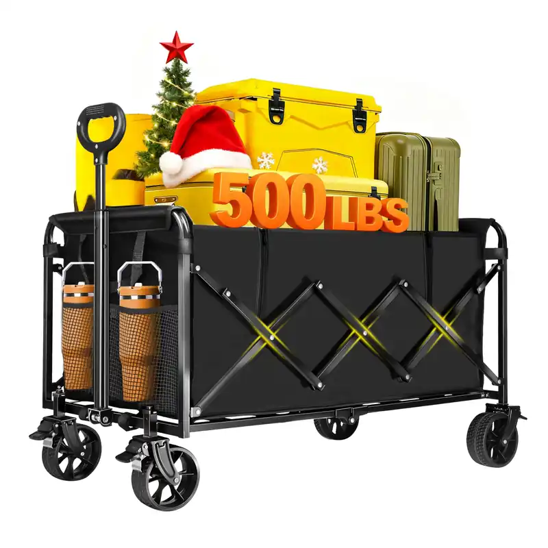 500LBS Collapsible Foldable Wagon Carts - 230L Large Collapsible Wagon Cart with 360° Swivel Brakes Wheels, Portable Utility Lightweight Folding Cart