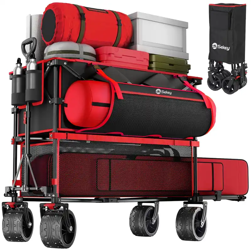 Sekey 500LBS Heavy Duty Double Decker Wagon with Extender, 400L Large Capacity Collapsible Garden Cart Fits 10x10 Canopy, All-Terrain Big Wheels