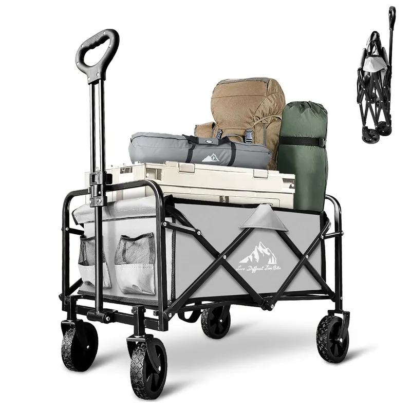 Collapsible Foldable Wagon, Beach Cart Large Capacity, Heavy Duty Folding Wagon Portable, for Outdoor Sports, Shopping, Camping, Gray